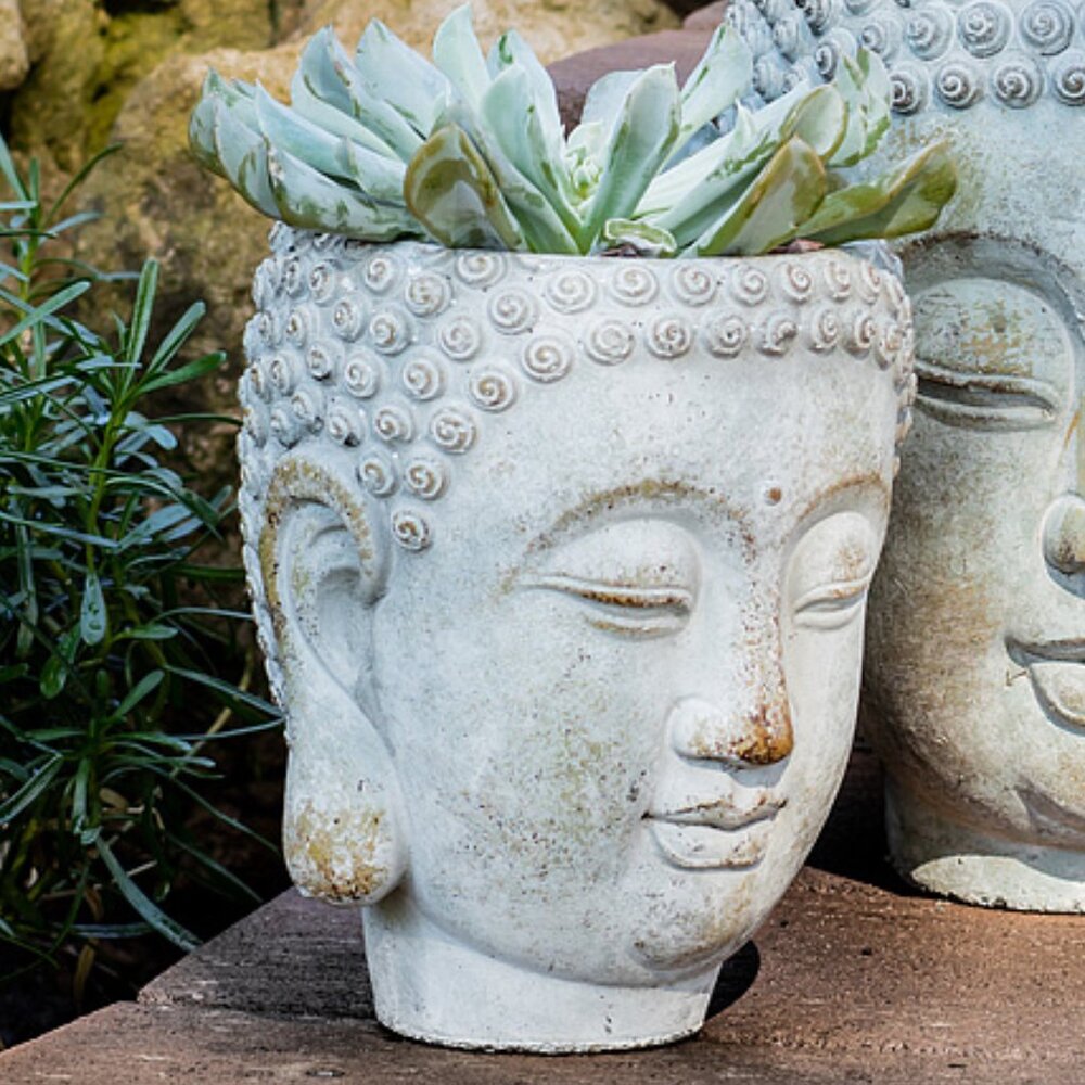 Abbott Collection Buddha Head Stone Planter | 7" Cement Sculpture